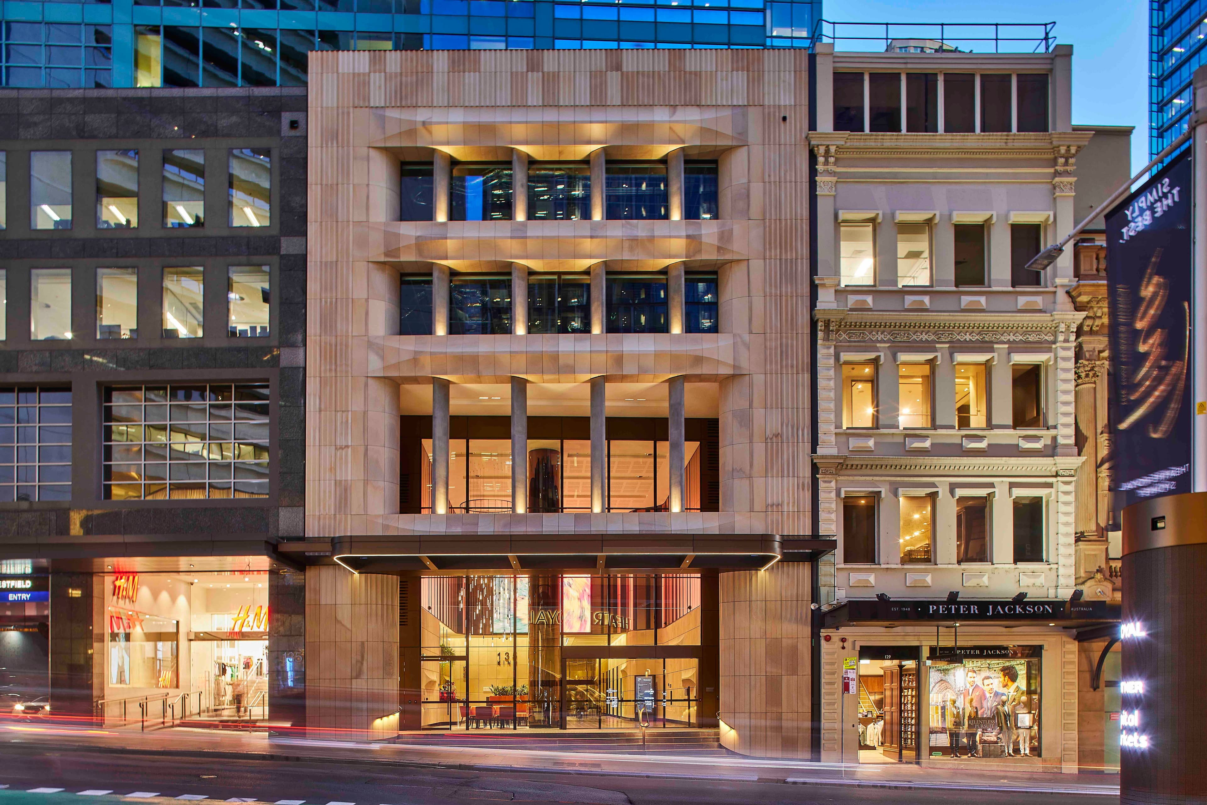 Commercial building facade with architectural LED lighting