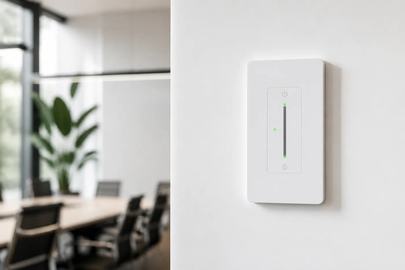 Modern DALI commercial lighting control wall panel mounted in an office, with a meeting room visible in the background