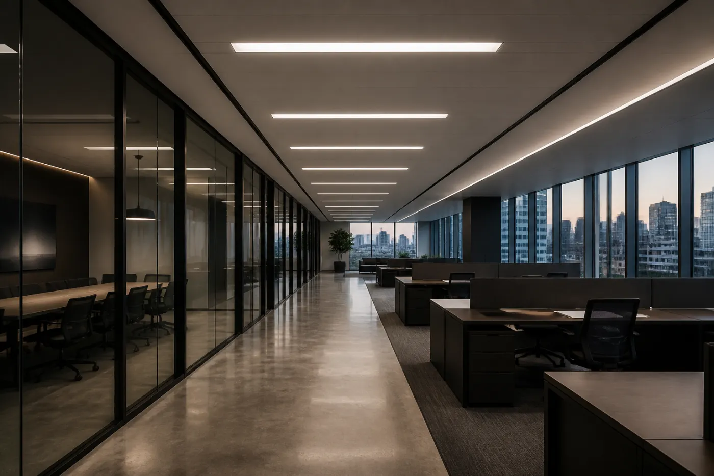 Modern Sydney commercial office interior with long rows of LED panel lighting, illustrating commercial LED lifespan