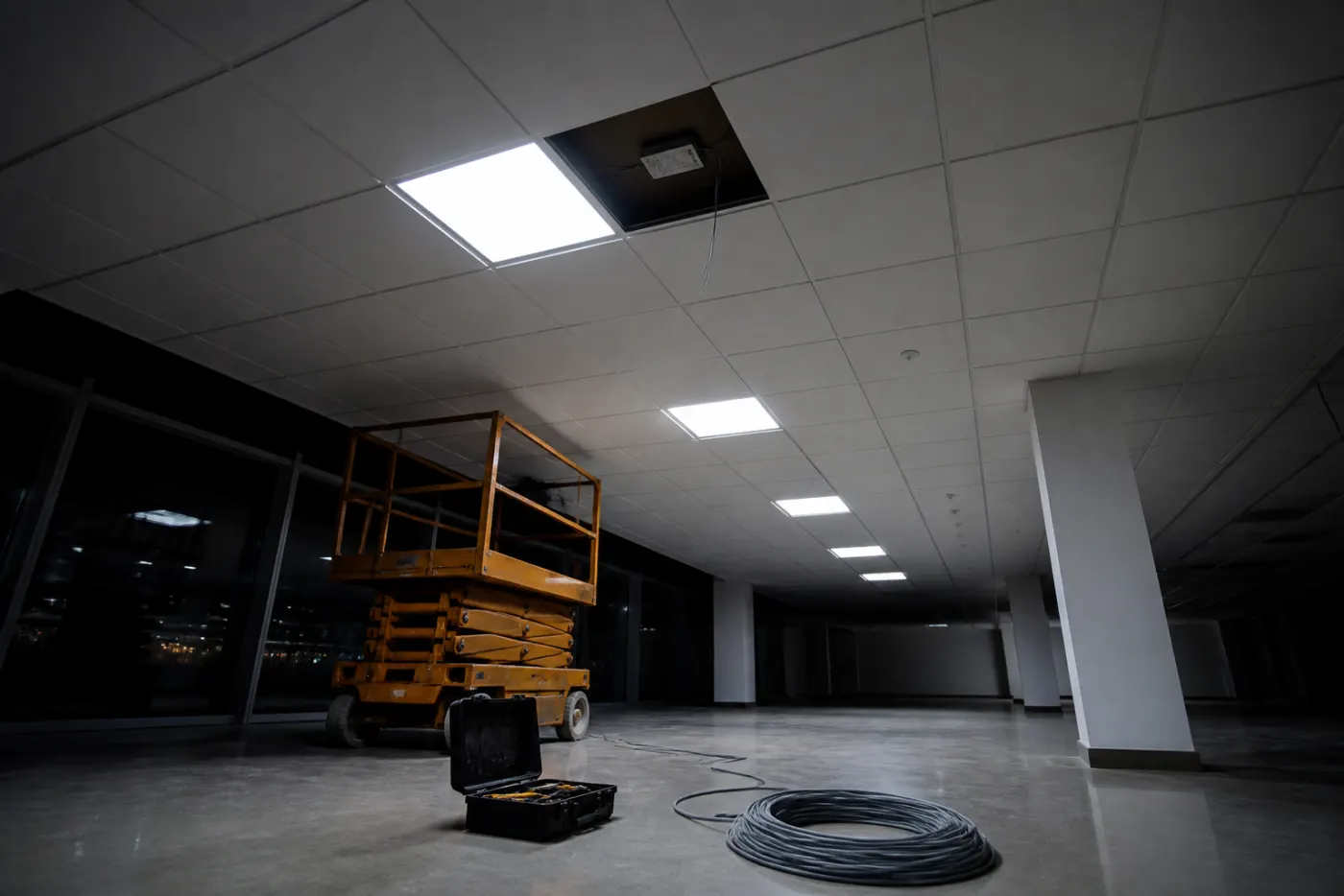 Commercial LED panel installation in progress: scissor lift, partially completed ceiling grid, exposed wiring above newly installed panels