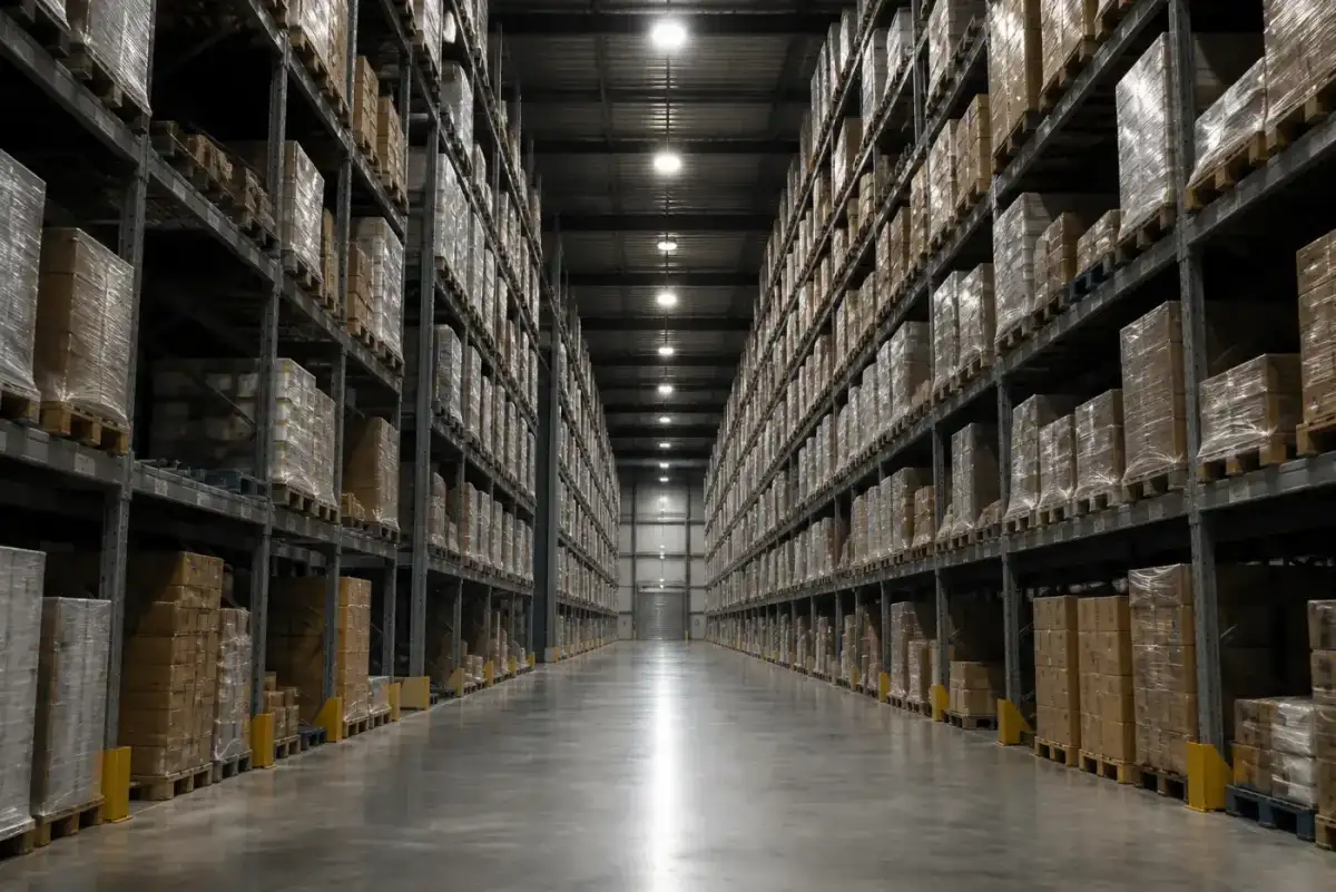 Warehouse aisle with long-running LED high bay lighting still producing even, bright illumination after years of service