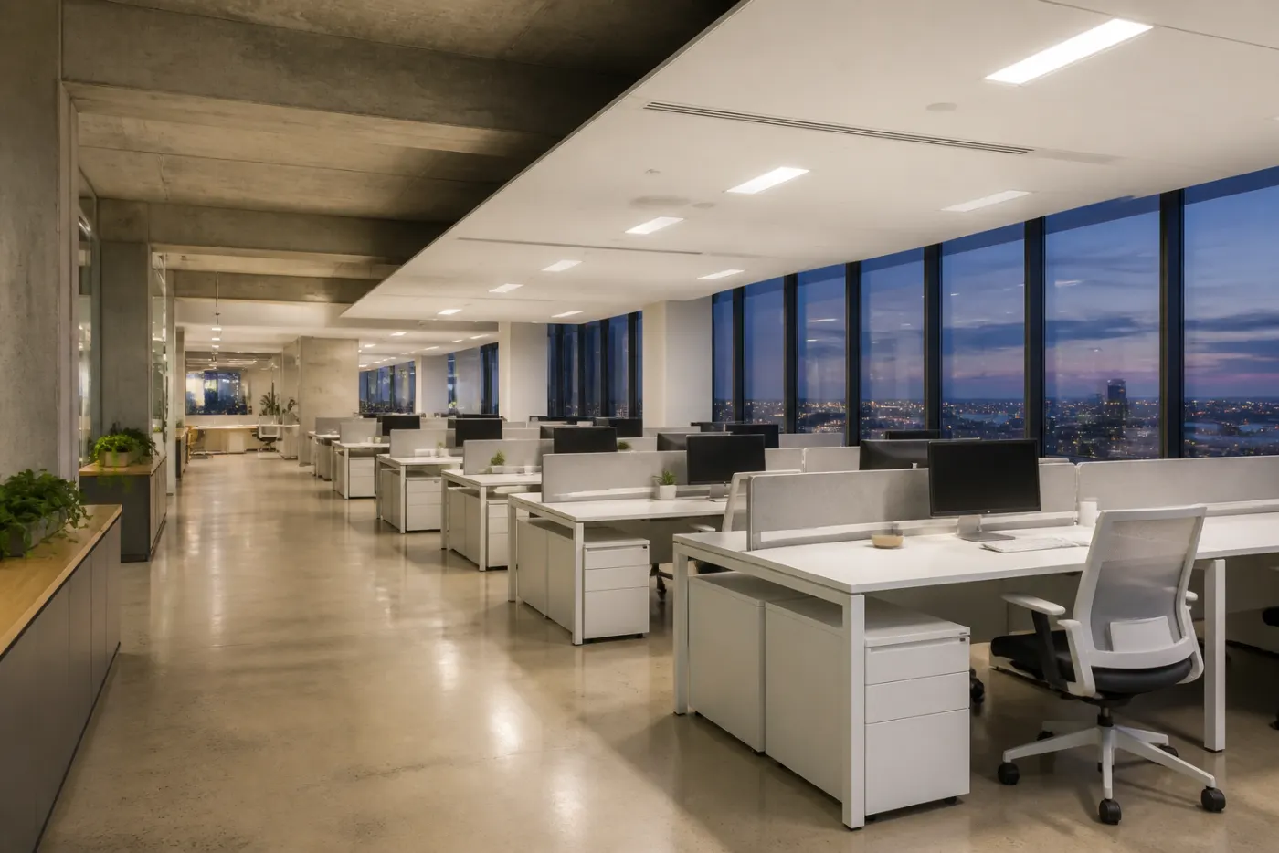 Modern Sydney commercial office at dusk with LED panel lights illuminating an open-plan workspace