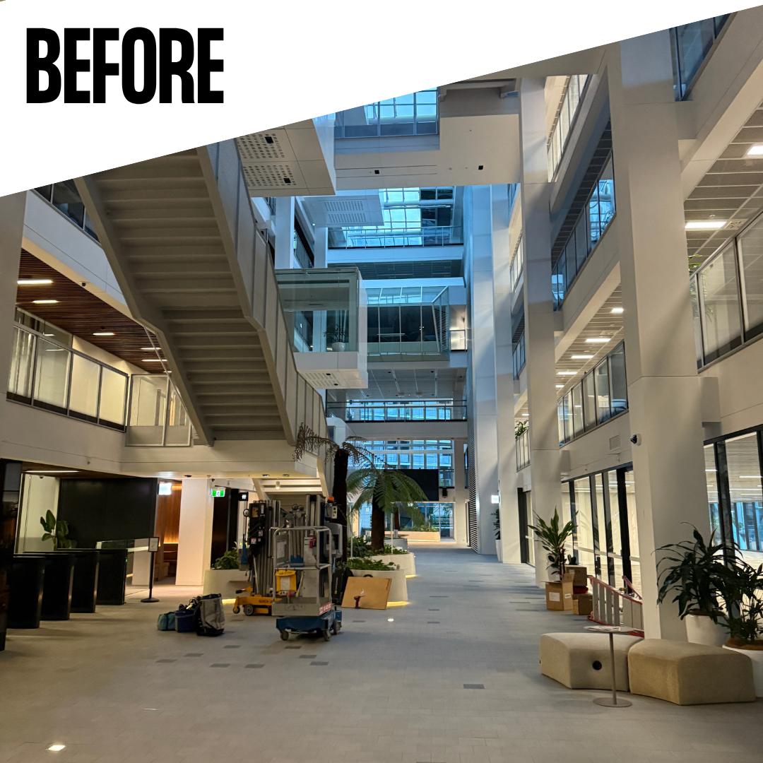 Existing lobby, before the lighting upgrade